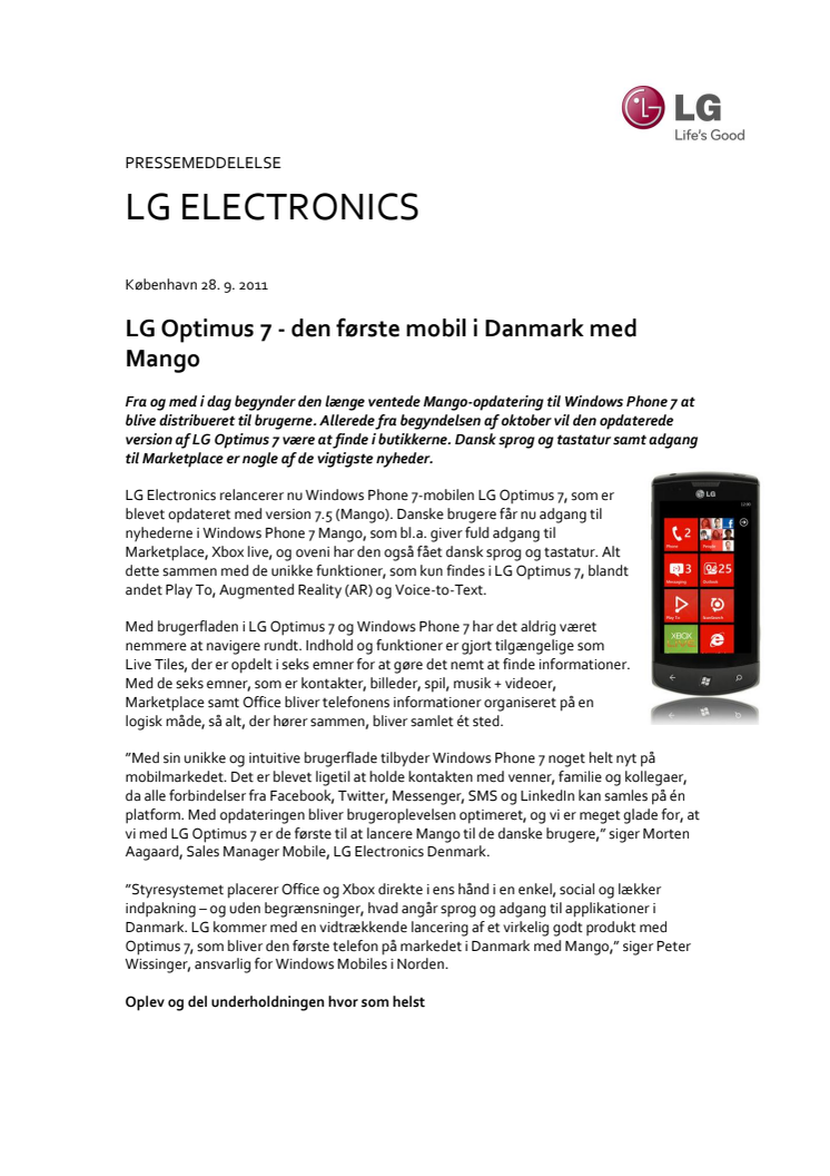 LG Optimus 7 - den første mobil i Danmark med Mango