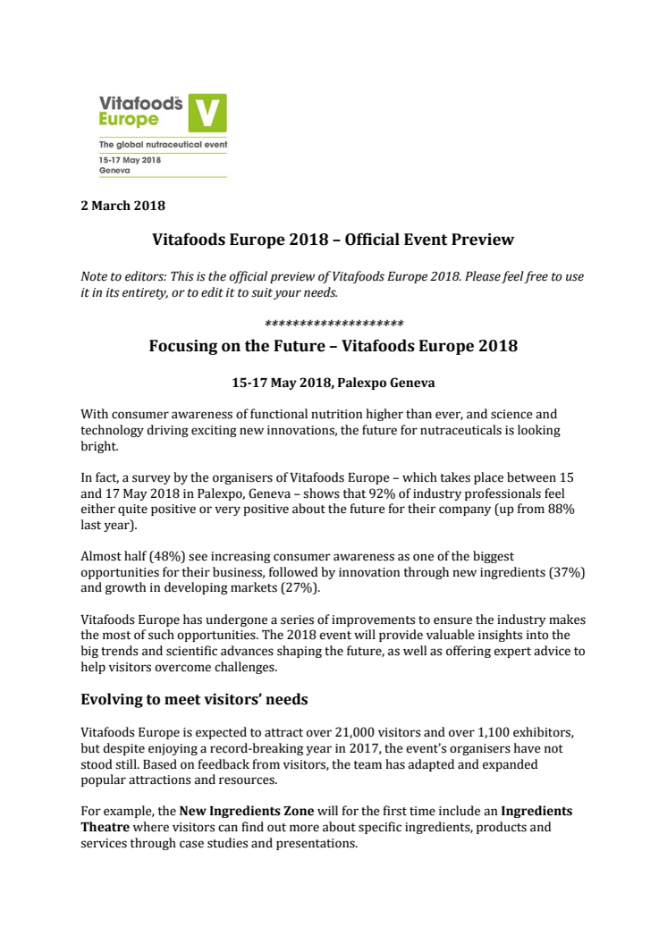 PRESS RELEASE: Focusing on the Future - Official Event Preview for Vitafoods Europe 2018