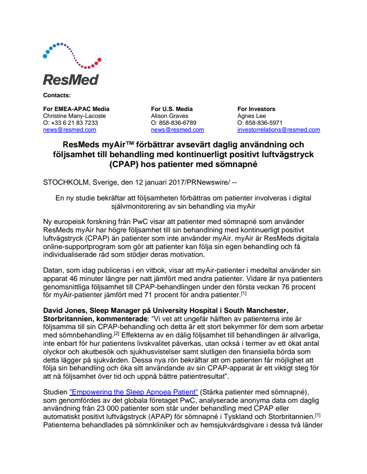 ResMeds myAir™ förbättrar avsevärt daglig användning och följsamhet till behandling med kontinuerligt positivt luftvägstryck (CPAP) hos patienter med sömnapné