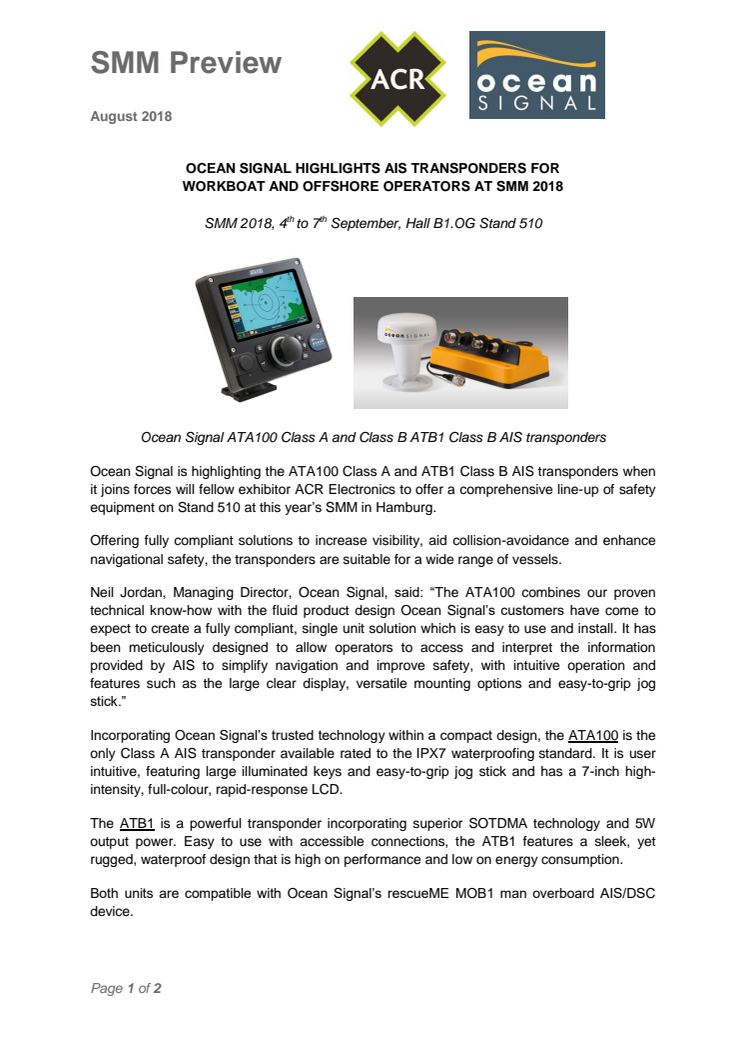 Ocean Signal Highlights AIS Transponders for Workboat and Offshore Operators at SMM 2018