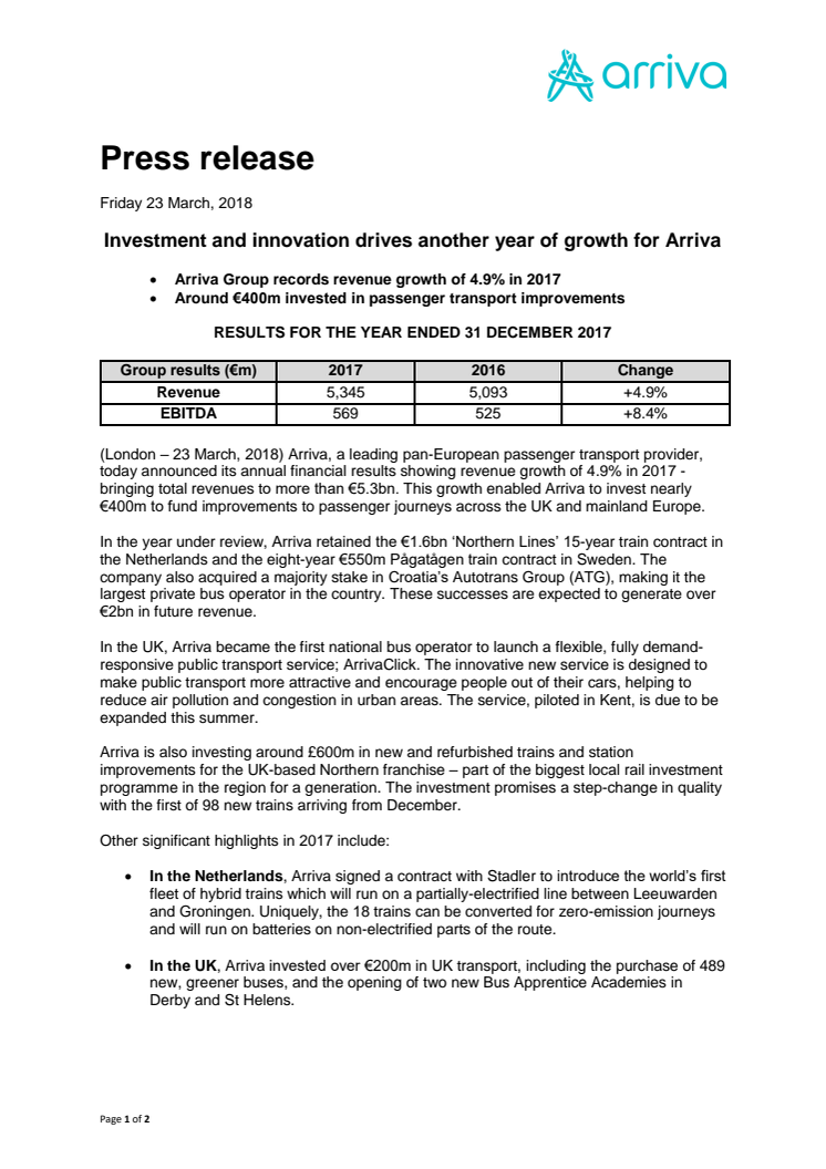 Investment and innovation drives another year of growth for Arriva