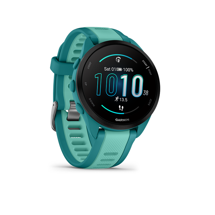 Forerunner165_HR_aqua_front-right_0000_aqua_watchface_outlined