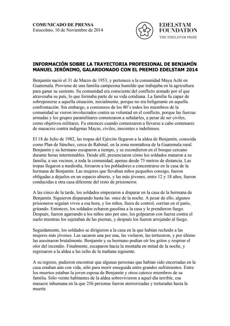 INFORMACIÓN SOBRE LA TRAYECTORIA PROFESIONAL DE BENJAMÍN MANUEL JERÓNIMO, GALARDONADO CON EL PREMIO EDELSTAM 2014