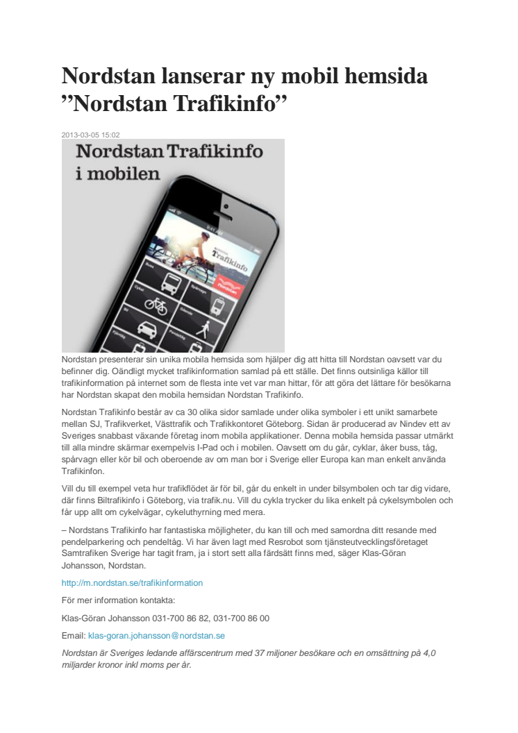 Nordstan lanserar ny mobil hemsida ”Nordstan Trafikinfo”