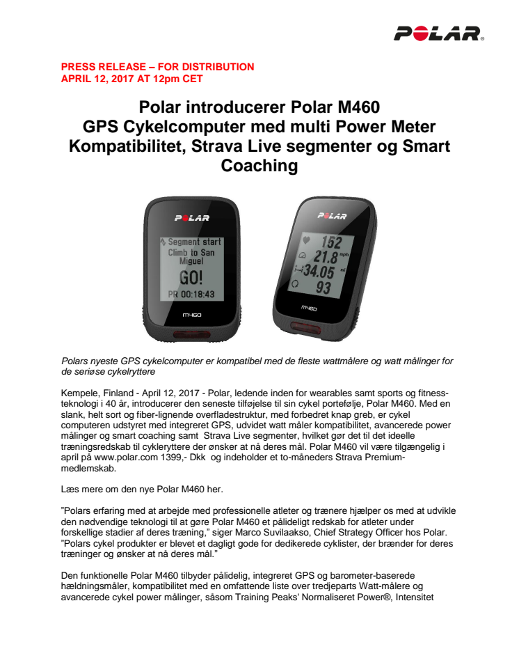 Polar introducerer Polar M460 Gps Cykelcomputer med Strava Live segmenter, Smart Coaching og Wattmåler kompabilitet