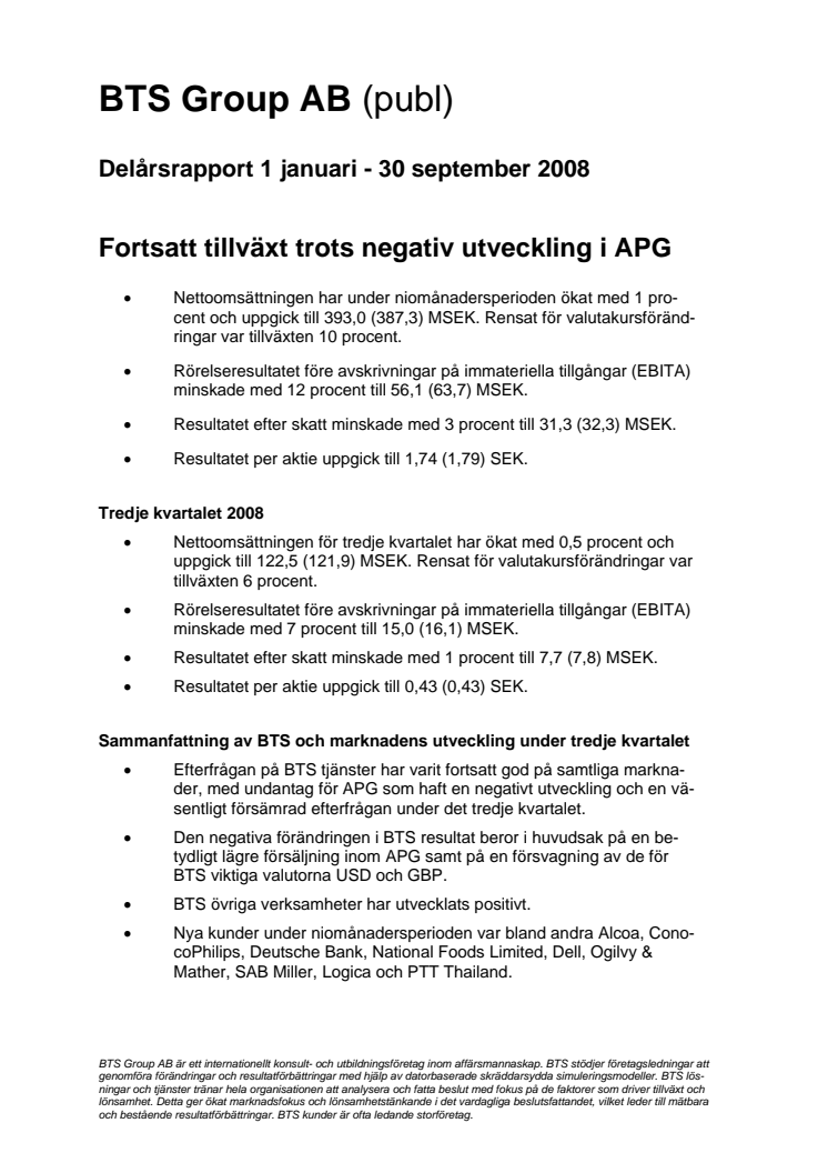 BTS Group AB (publ), Delårsrapport 1 januari - 30 september 2008, Fortsatt tillväxt trots negativ utveckling i APG