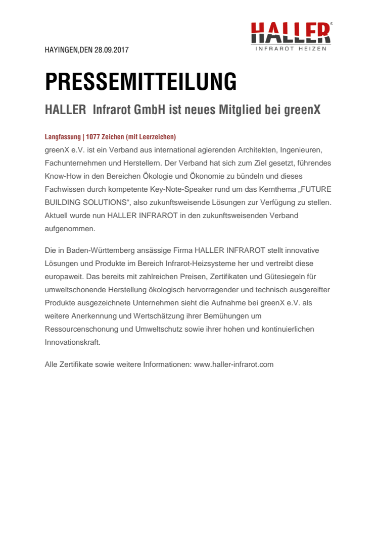 HALLER  Infrarot GmbH ist neues Mitglied bei greenX