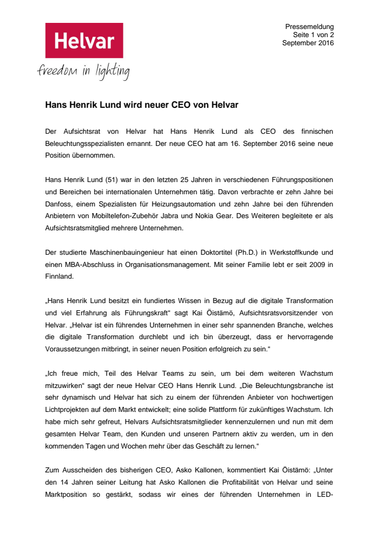 Hans Henrik Lund wird neuer CEO von Helvar
