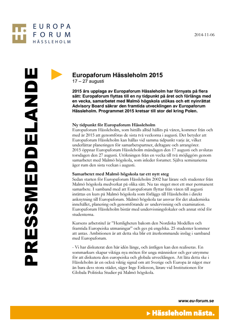 Europaforum Hässleholm 2015: 17 – 27 augusti