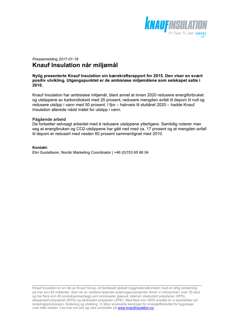 Knauf Insulation når miljømål