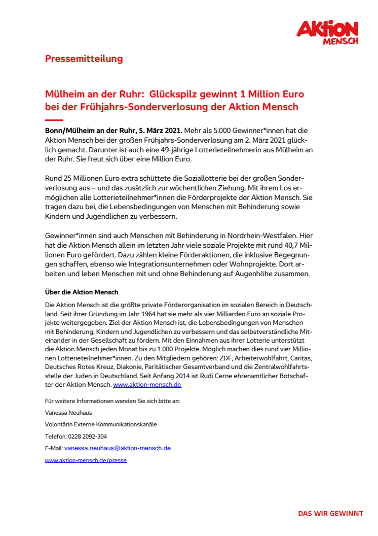 Mülheim an der Ruhr:  Glückspilz gewinnt 1 Million Euro bei der Frühjahrs-Sonderverlosung der Aktion Mensch