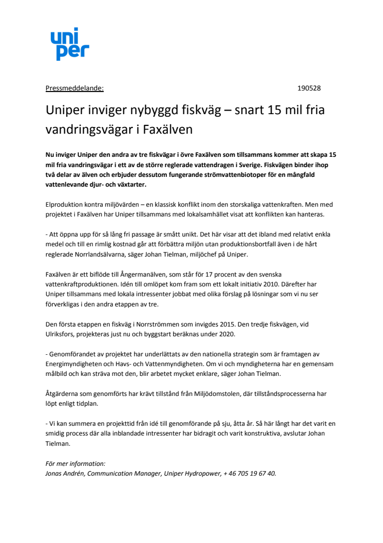 Uniper inviger nybyggd fiskväg – snart 15 mil fria vandringsvägar i Faxälven