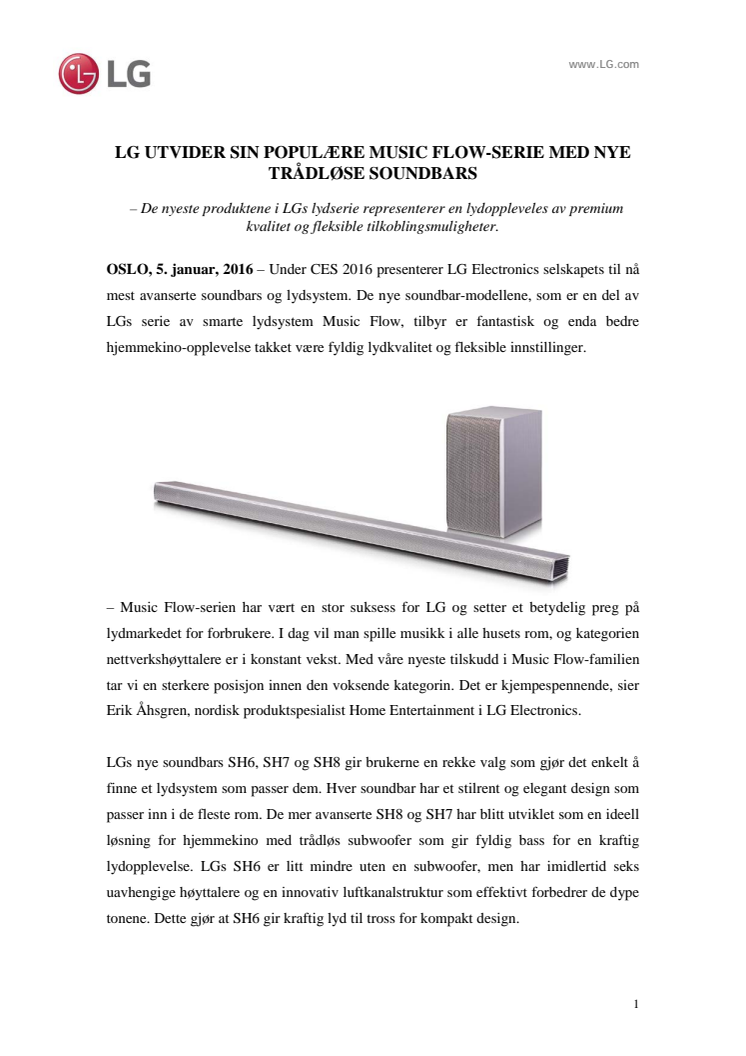 LG UTVIDER SIN POPULÆRE MUSIC FLOW-SERIE MED NYE TRÅDLØSE SOUNDBARS