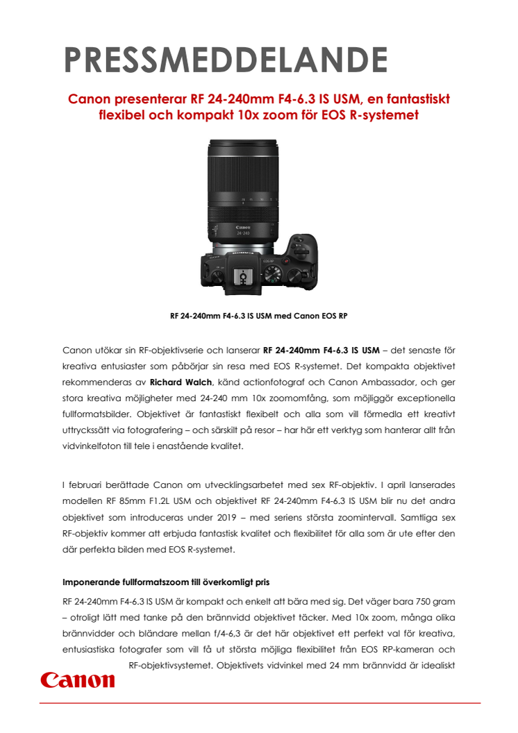 Canon presenterar RF 24-240mm F4-6.3 IS USM, en fantastiskt flexibel och kompakt 10x zoom för EOS R-systemet 