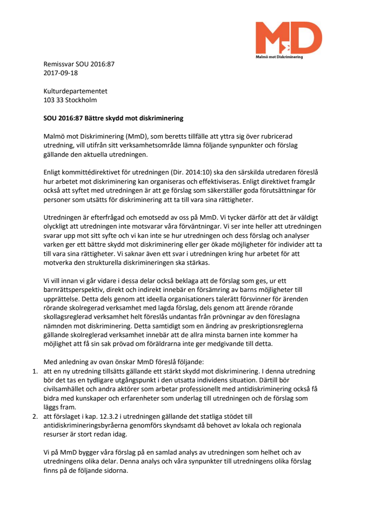 Remissvar Bättre skydd mot diskriminering SOU 2016:87
