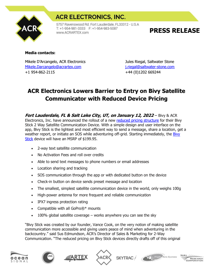 January 12 2022 - ACR Electronics Lowers Barrier to Entry on Bivy Satellite Communicator with Reduced Device.pdf