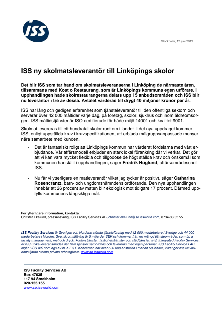 ISS ny skolmatsleverantör till Linköpings skolor
