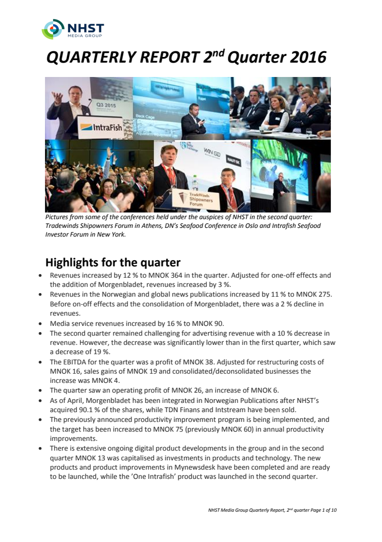 NHST Media Group - Quarterly Report 2nd quarter 2016