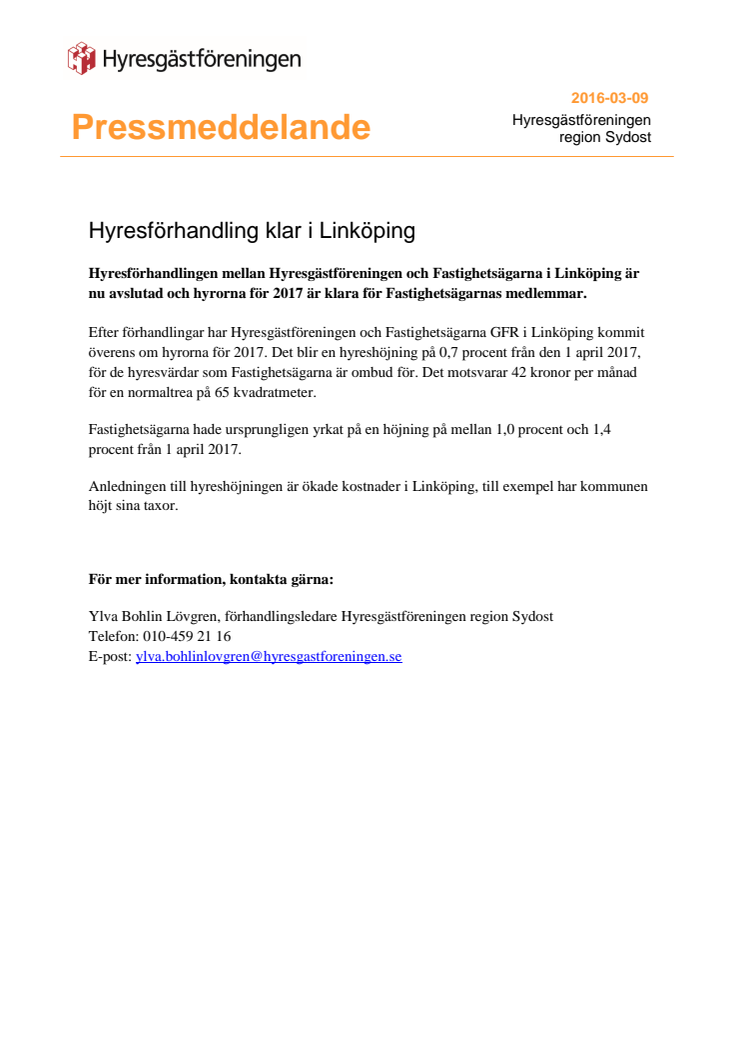 Hyresförhandling klar i Linköping