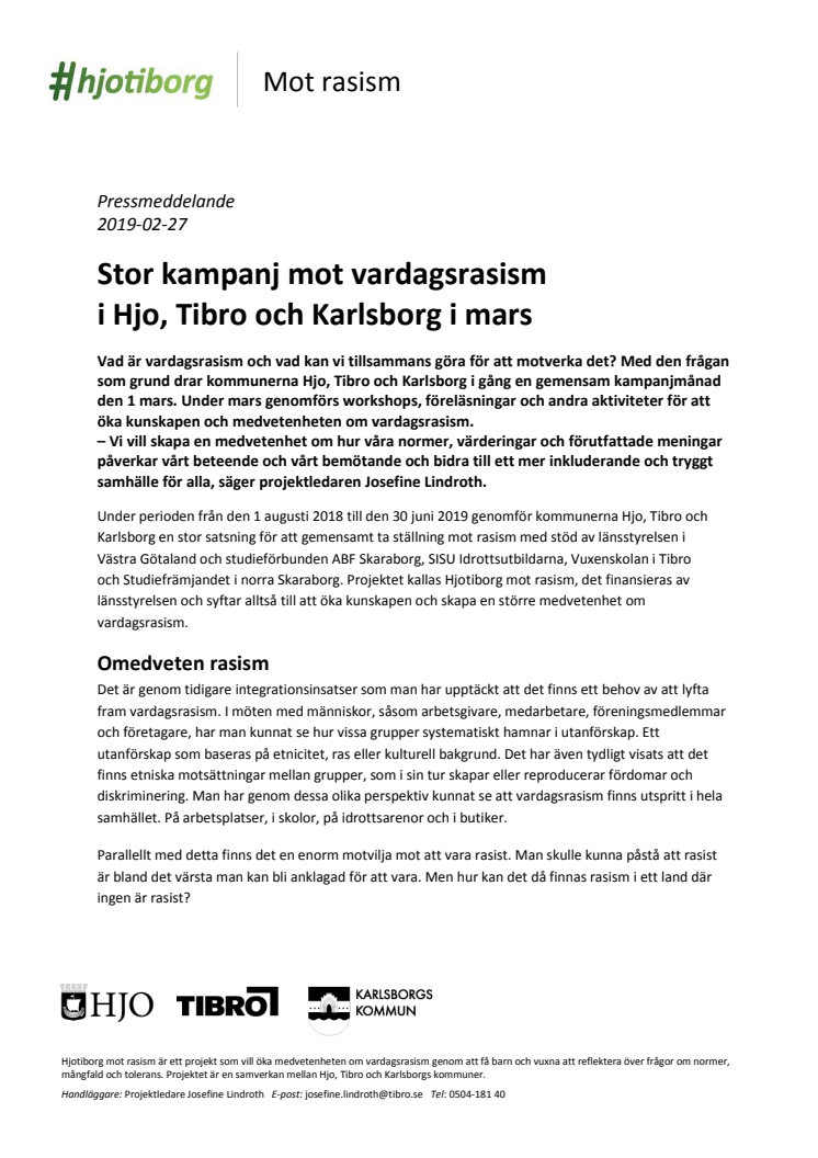 Stor kampanj mot vardagsrasism i Hjo, Tibro och Karlsborg i mars