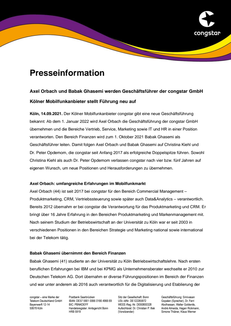 Axel Orbach und Babak Ghasemi werden Geschäftsführer der congstar GmbH