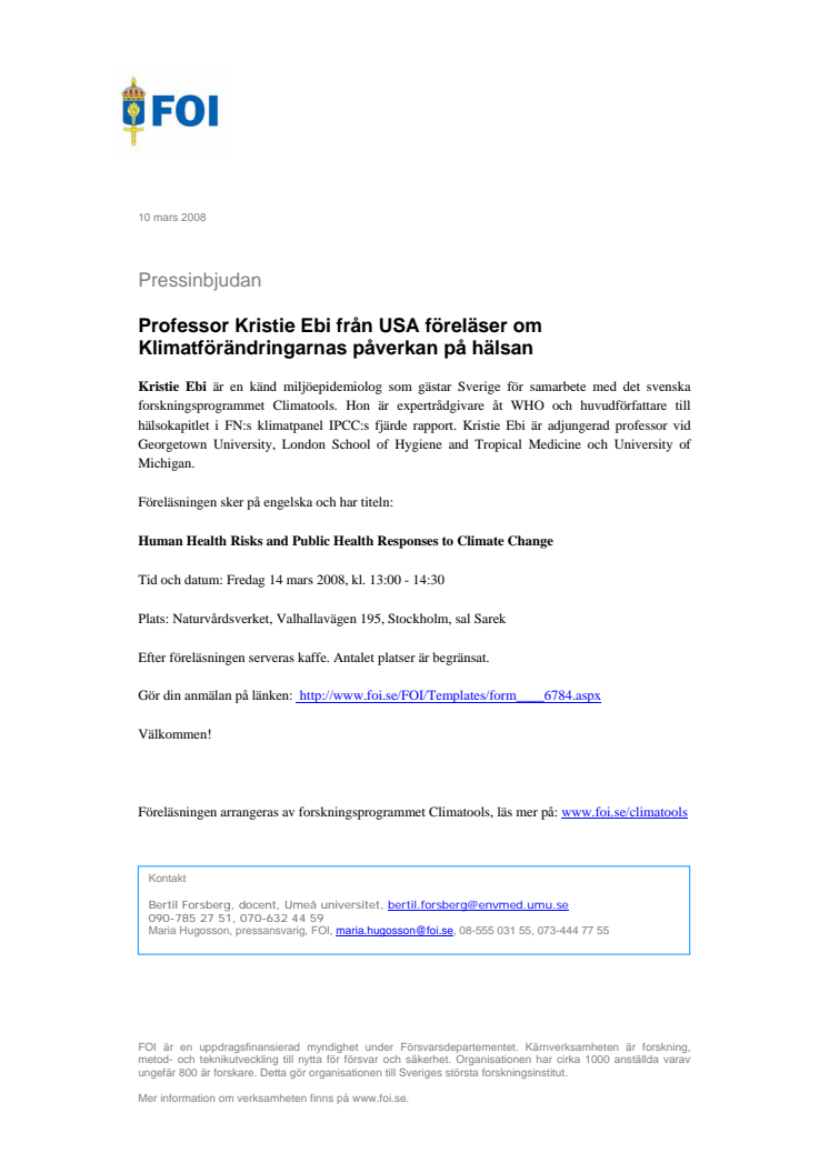 Pressinbjudan - Professor Kristie Ebi från USA föreläser om klimatförändringarnas påverkan på hälsan