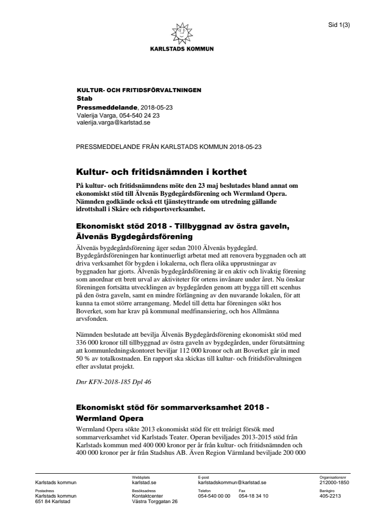 Kultur- och fritidsnämnden i korthet 23 maj