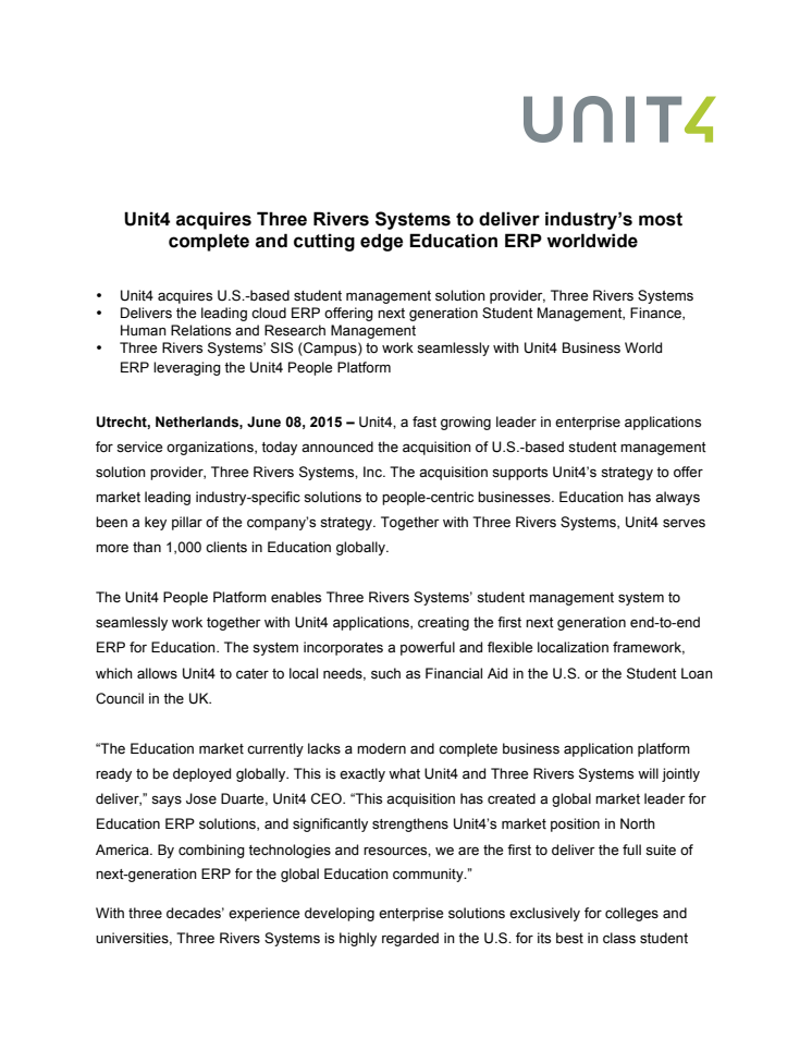 Unit4 växer ytterligare och förvärvar Three Rivers Systems