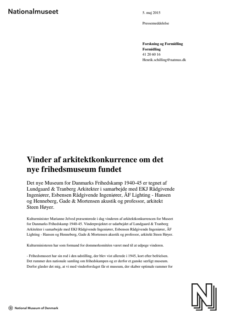 Vinder af arkitektkonkurrence om det nye frihedsmuseum fundet