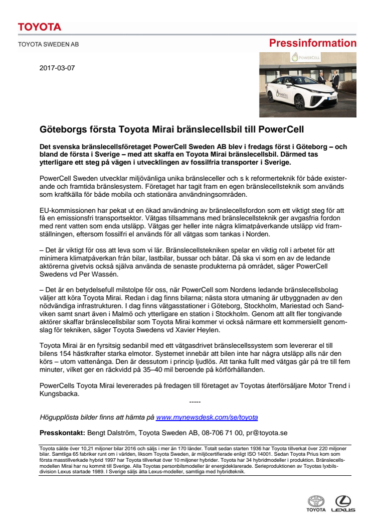 Göteborgs första Toyota Mirai bränslecellsbil till PowerCell