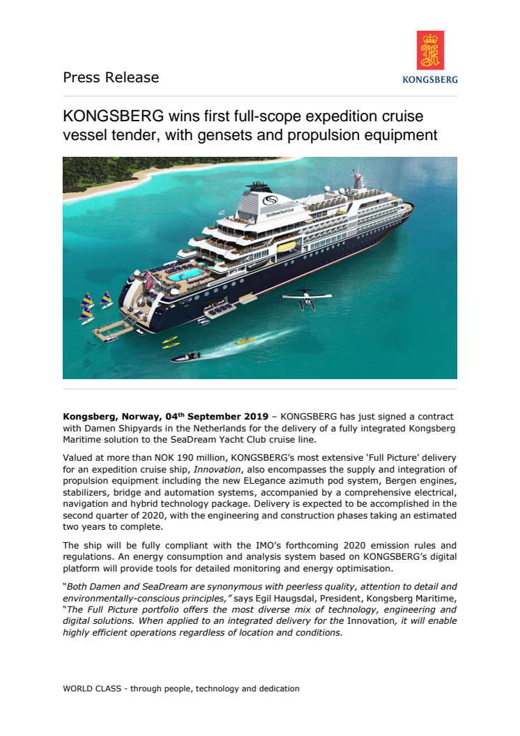 KONGSBERG wins first full-scope expedition cruise vessel tender, with gensets and propulsion equipment
