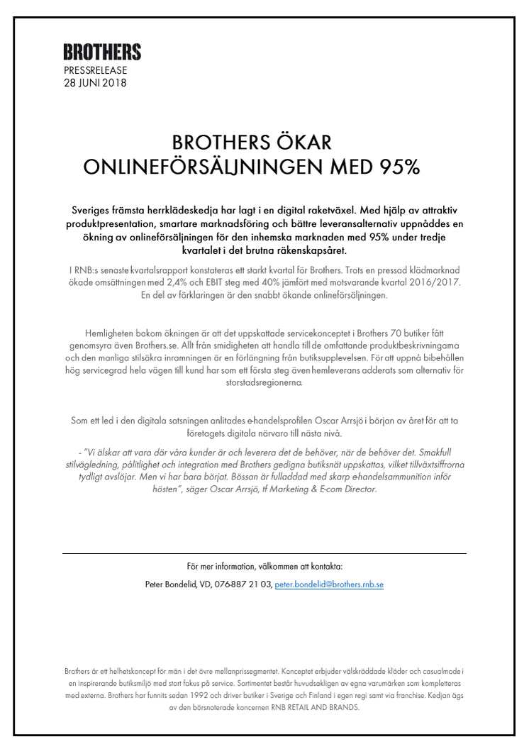 BROTHERS ÖKAR ONLINEFÖRSÄLJNINGEN MED 95%