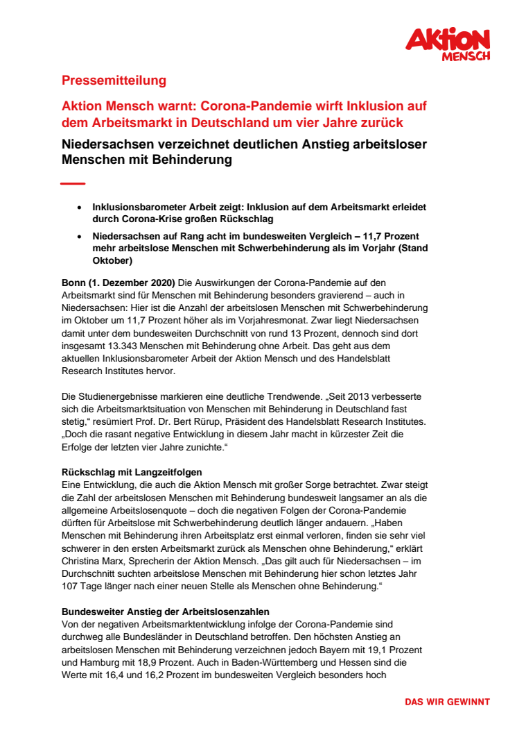 Inklusionsbarometer Arbeit / Niedersachsen