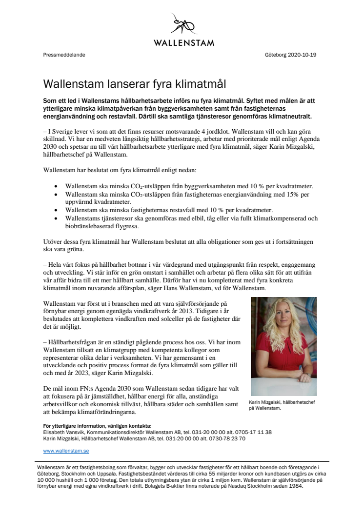 Wallenstam lanserar fyra klimatmål