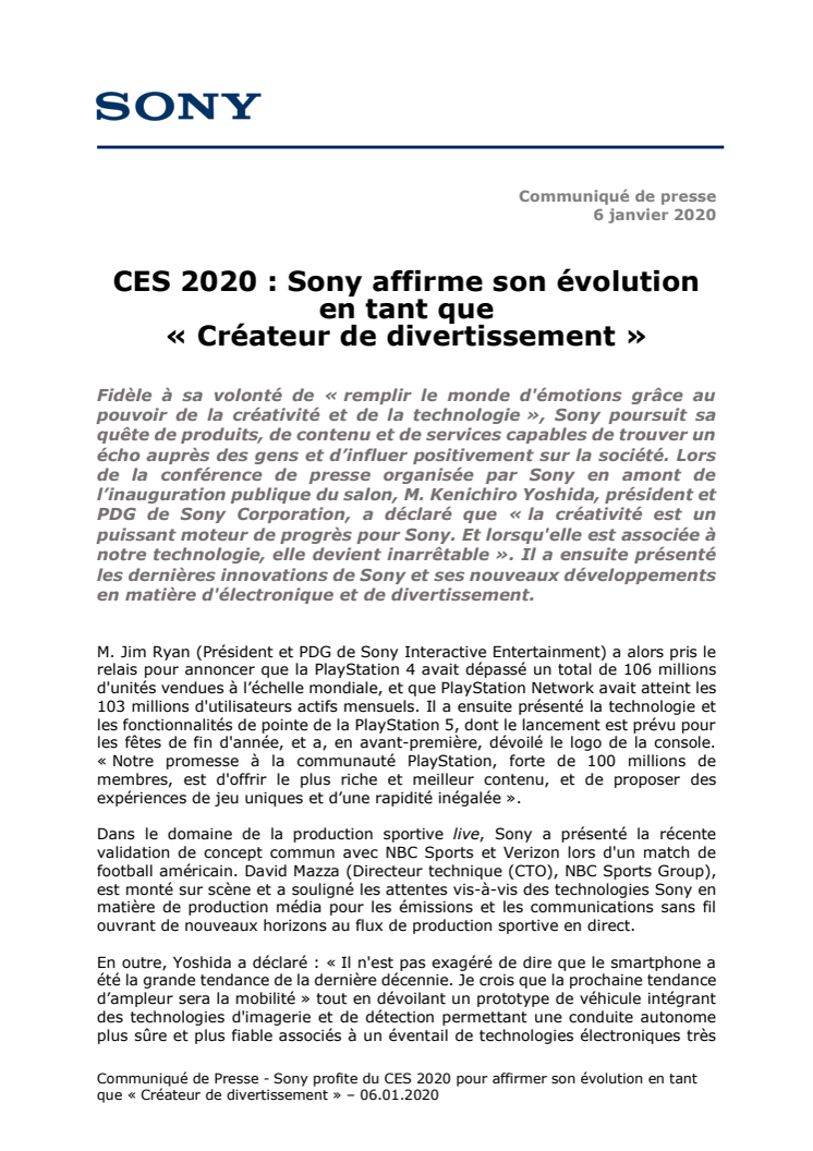 CES 2020 : Sony affirme son évolution en tant que  « Créateur de divertissement » 
