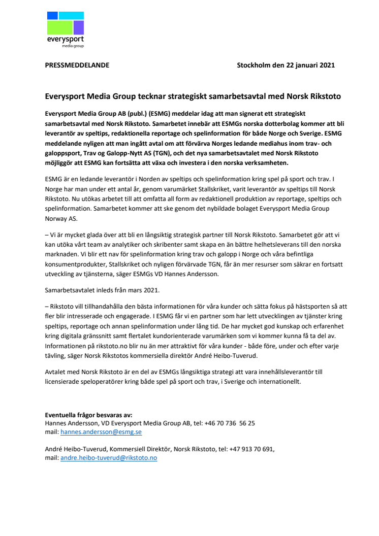 Everysport Media Group tecknar strategiskt samarbetsavtal med Norsk Rikstoto