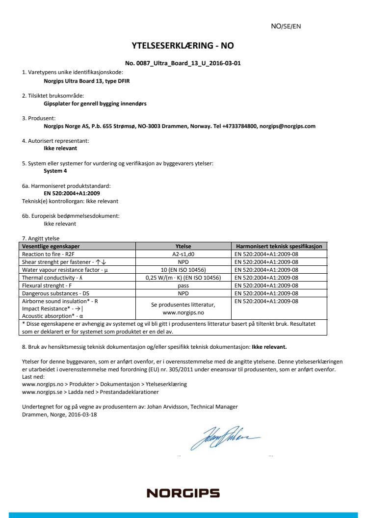 Prestandadeklaration Norgips Ultra Board® 13