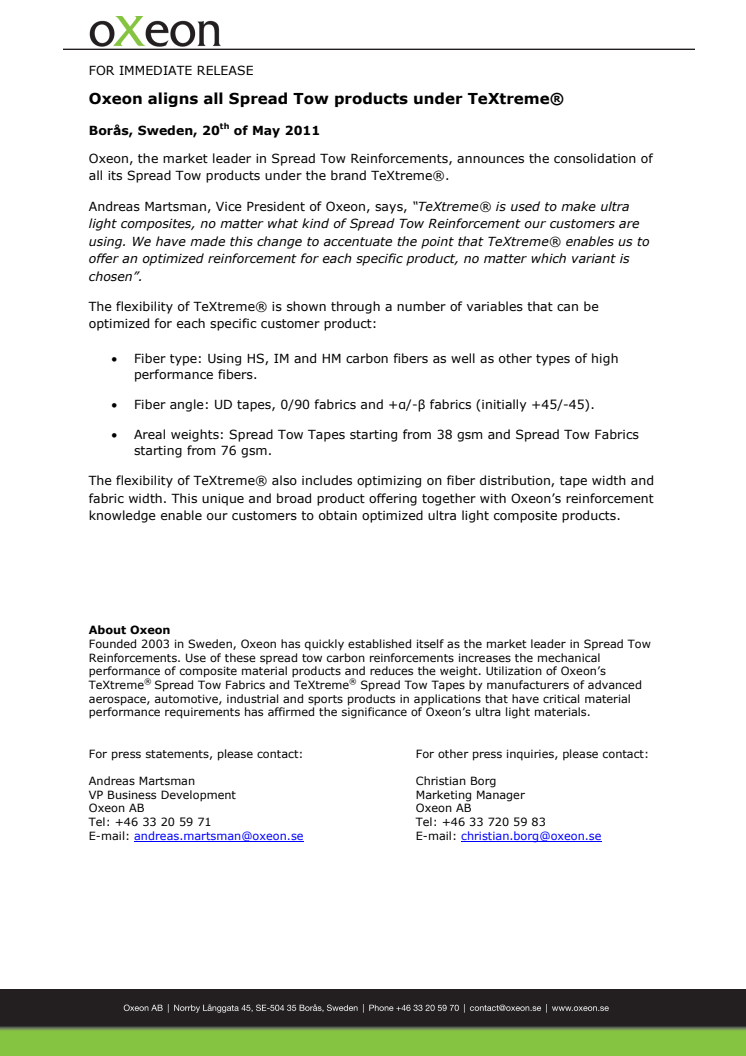 Oxeon aligns all Spread Tow products under TeXtreme®