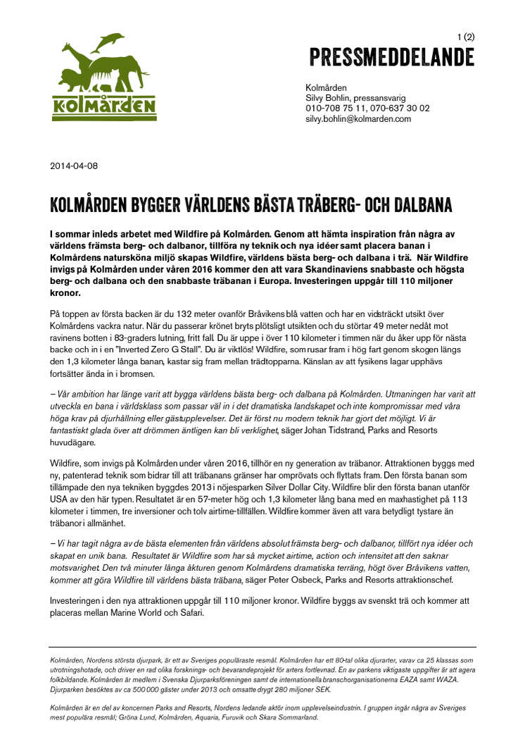 Kolmården bygger världens bästa träberg- och dalbana