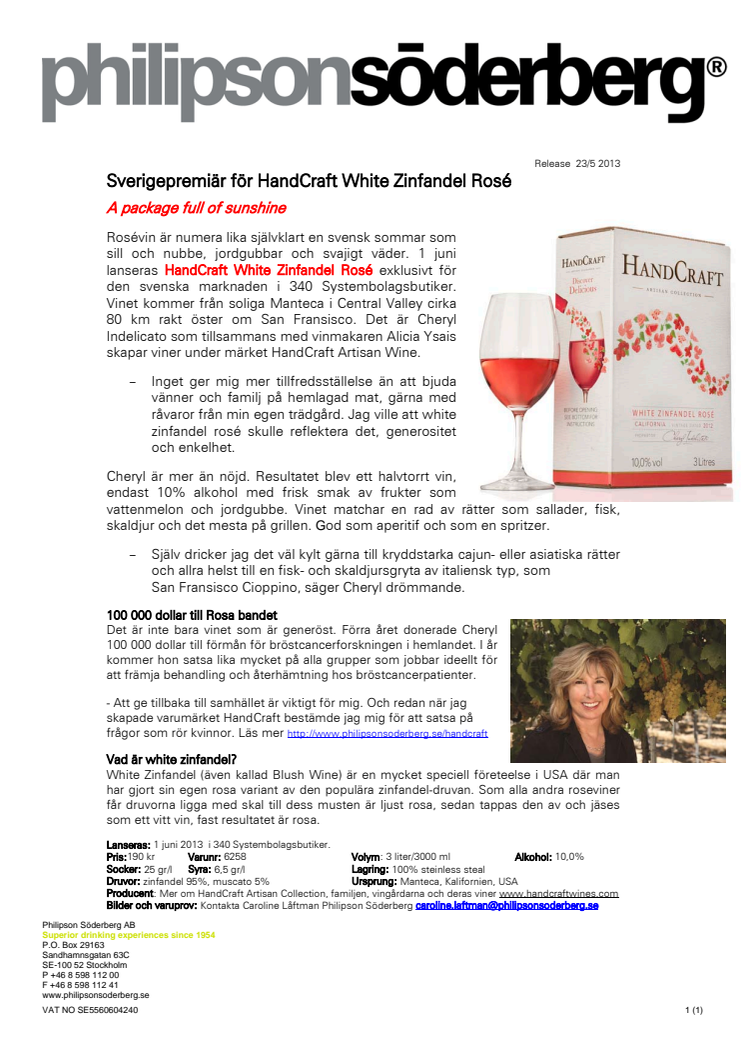 Sverigepremiär för HandCraft White Zinfandel Rosé 2012 - A package full of sunshine  