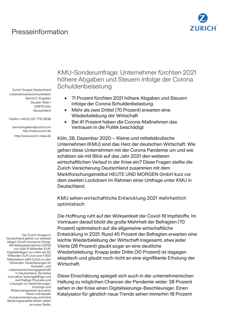 KMU-Sonderumfrage: Unternehmer fürchten 2021 höhere Abgaben und Steuern infolge der Corona Schuldenbelastung