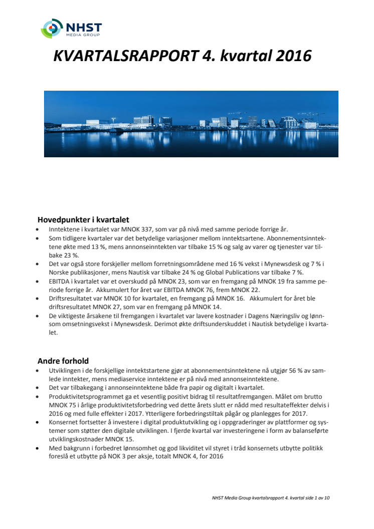 NHST Media Group - Kvartalsrapport 4. kvartal 2016