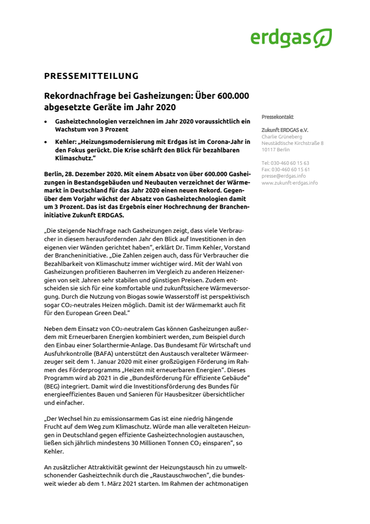 Rekordnachfrage bei Gasheizungen: Über 600.000 abgesetzte Geräte im Jahr 2020