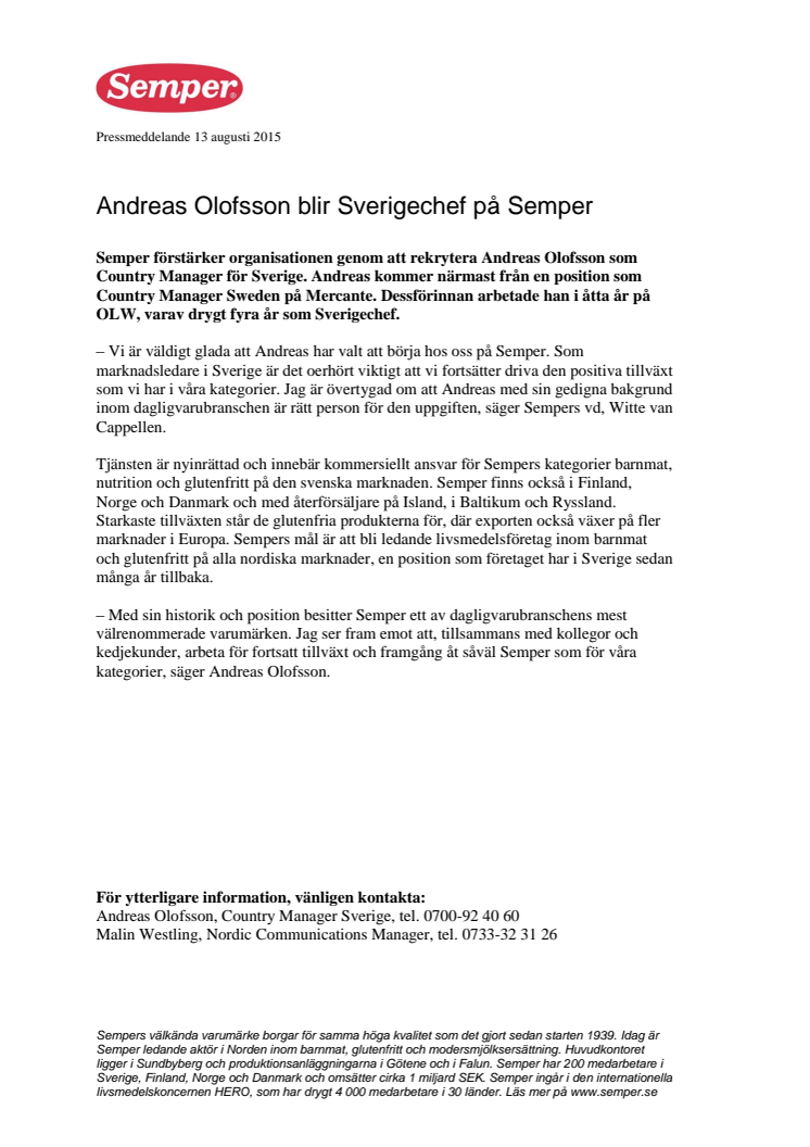Andreas Olofsson blir Sverigechef på Semper