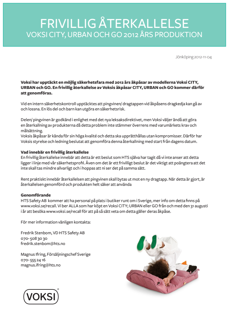 Frivillig återkallelse av Voksi URBAN, CITY och GO 2012 års produktion
