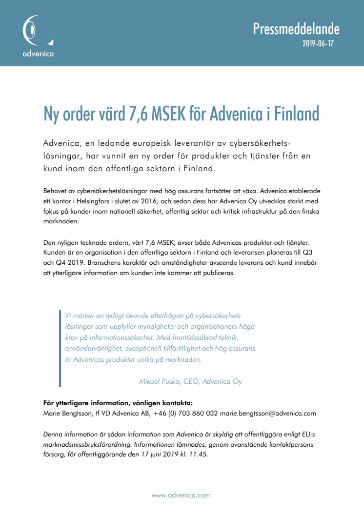 Ny order värd 7,6 MSEK för Advenica i Finland