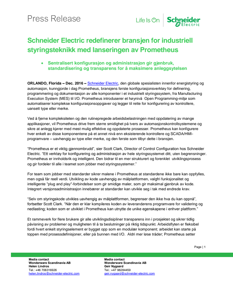 Schneider Electric redefinerer bransjen for industriell styringsteknikk med lanseringen av Prometheus