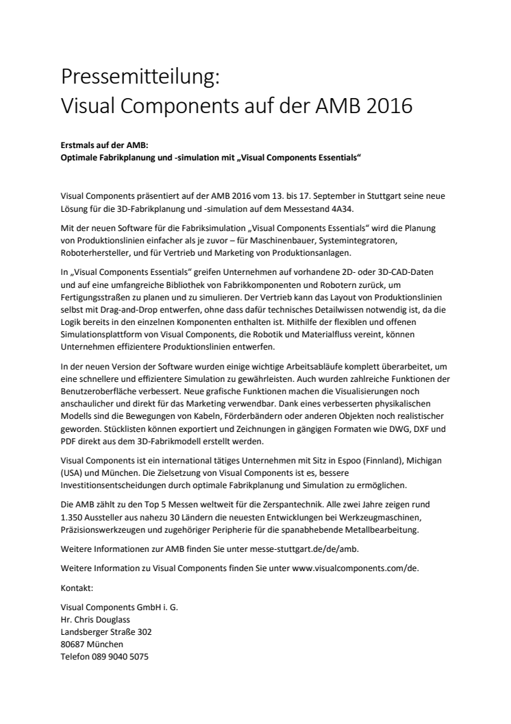 Visual Components Erstmals auf der AMB 2016