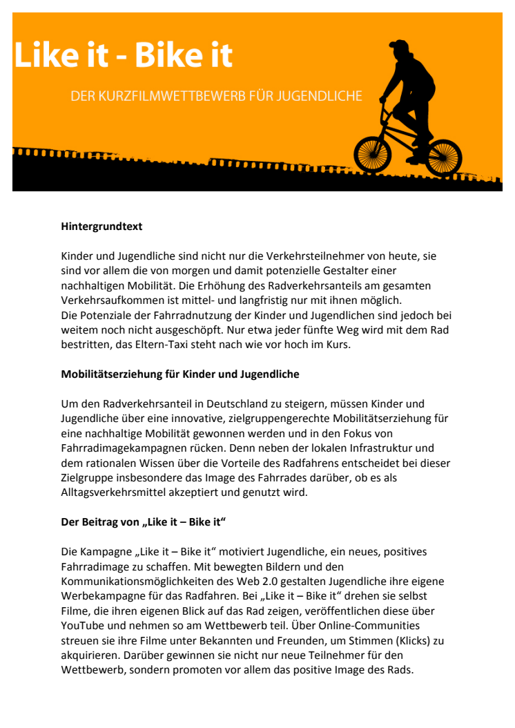 Hintergrundtext zum Kurzfilmwettbewerb "Like it - Bike it"