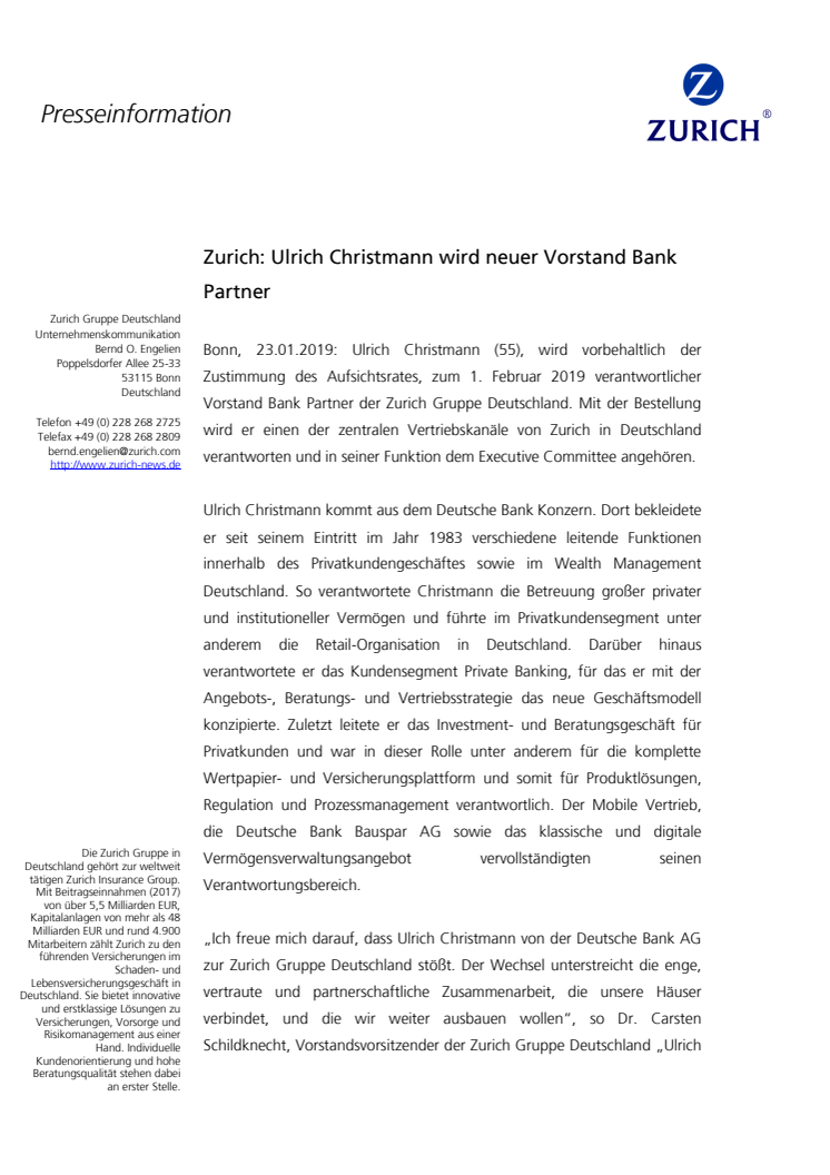 Zurich: Ulrich Christmann wird neuer Vorstand Bank Partner